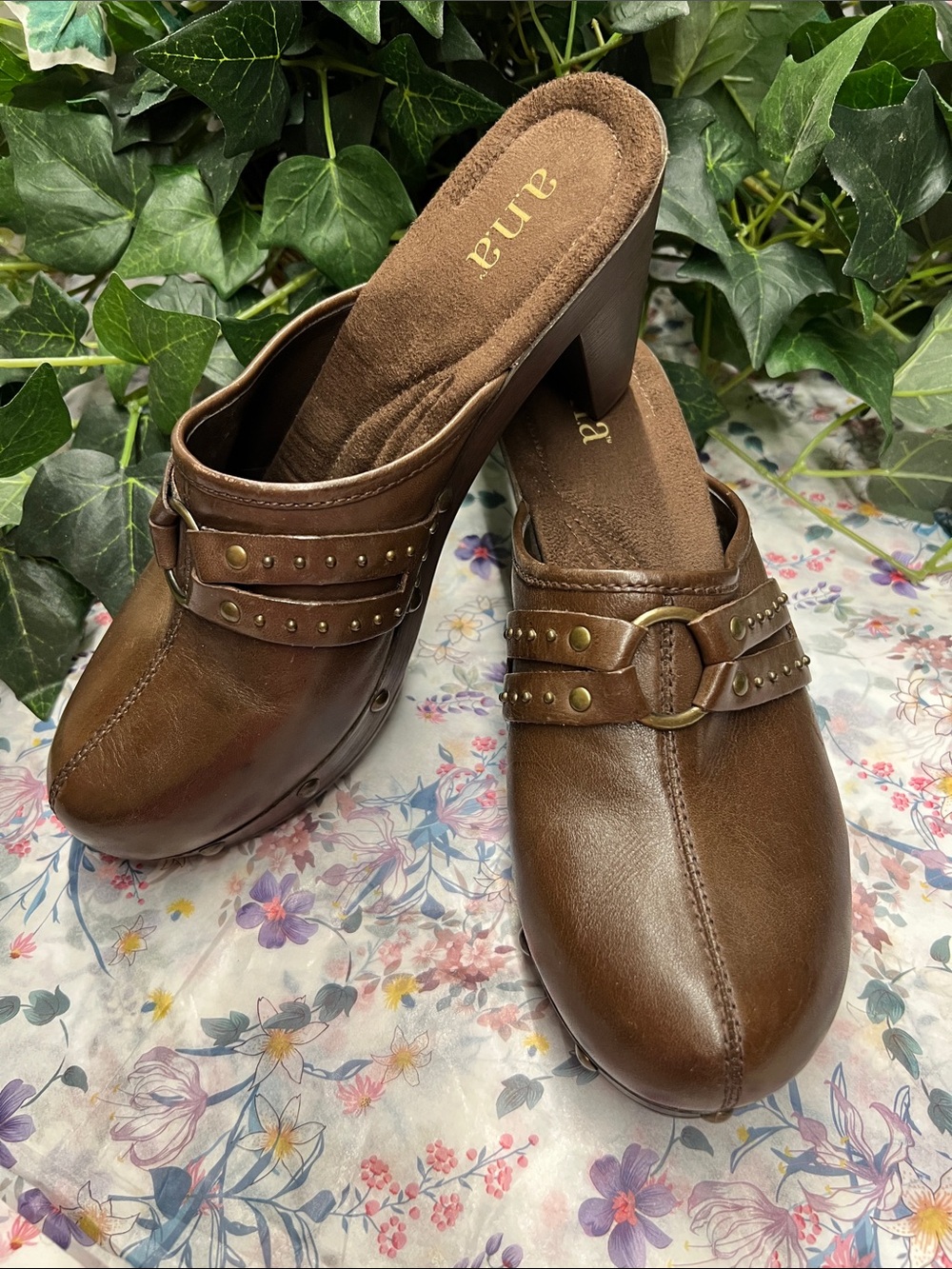 a.n.a Brown Leather Slip-On Mules with Studded Strap
